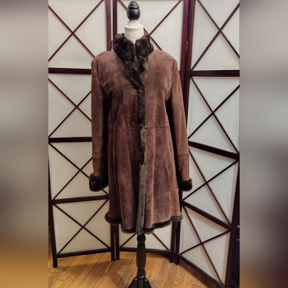 S By Searle Suede Faux Fur Shearling Lined Coat In Chocolate Brown - Small